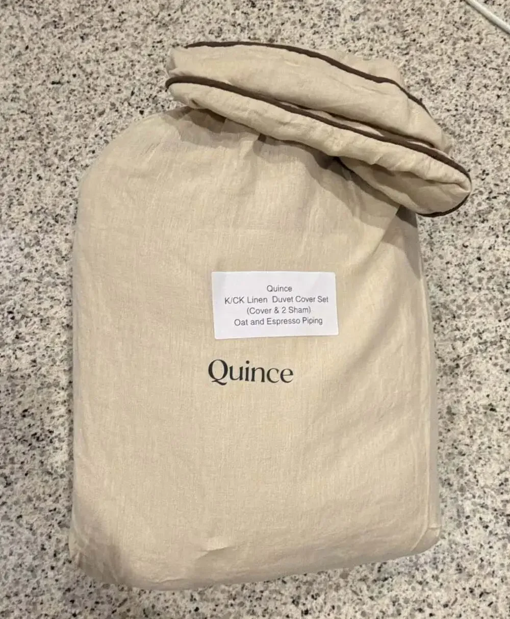 Quince K/CK Linen Duvet Cover Set in Oat and Espresso Piping